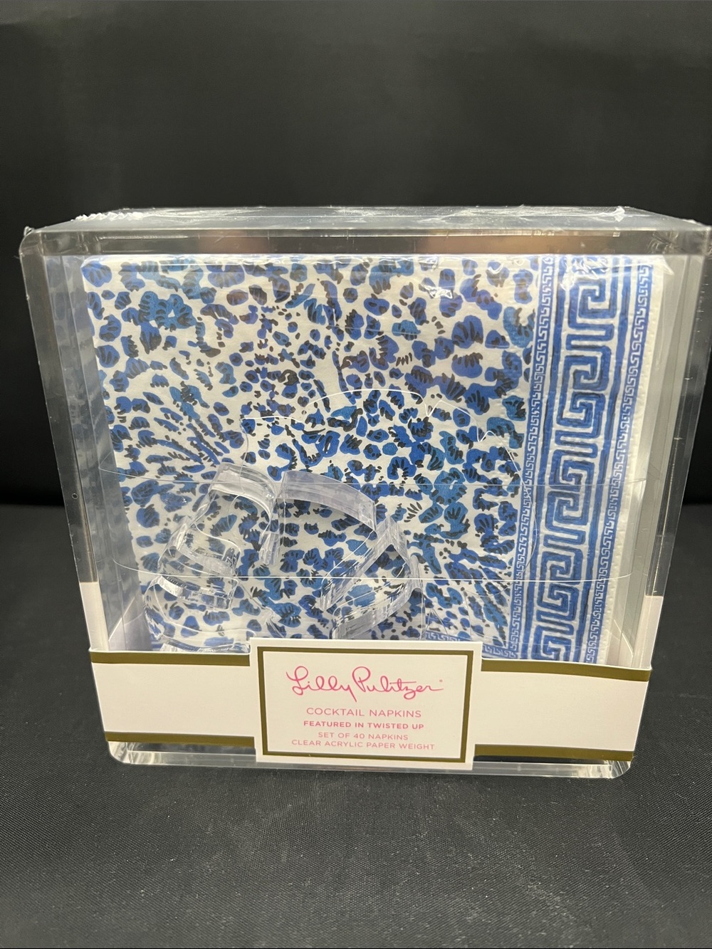 Lilly Pulitzer Blue Leopard Print Cocktail Napkins with Greek Key Border